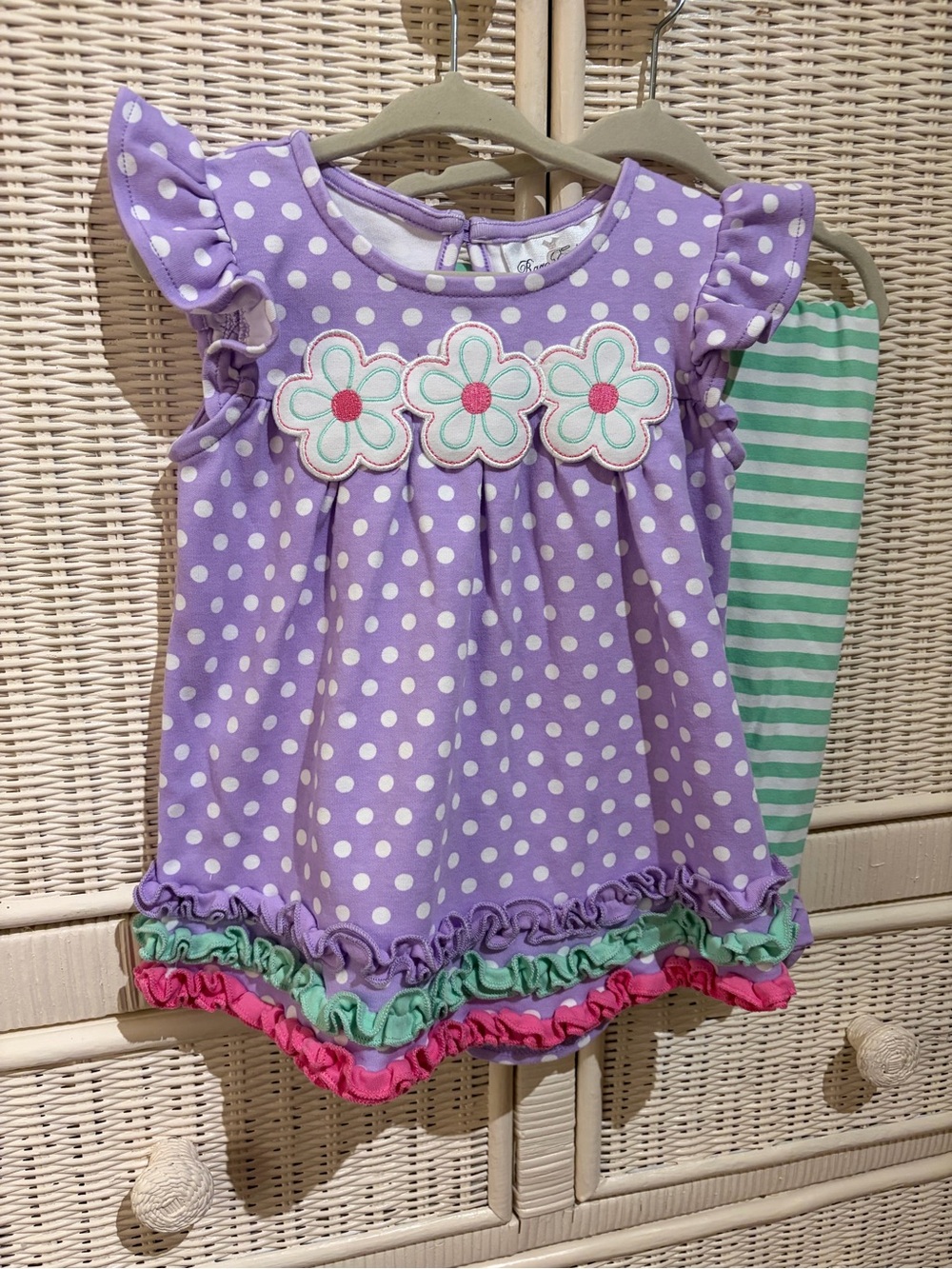 Toddler Girls Lavender, Green, Pink Polka Dot Floral Appliqué Dress Set 3T NWOT